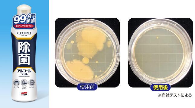 新製品の「クリニクル 除菌アルコールジェル」(左)と、「99.9％除菌」の効果を示した同製品の「自社テスト」