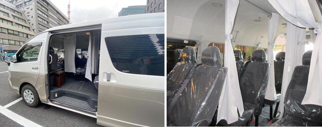 「パーソナルベンチレーションキット」を架装した車両の、乗車口のイメージ(左)と車内のイメージ