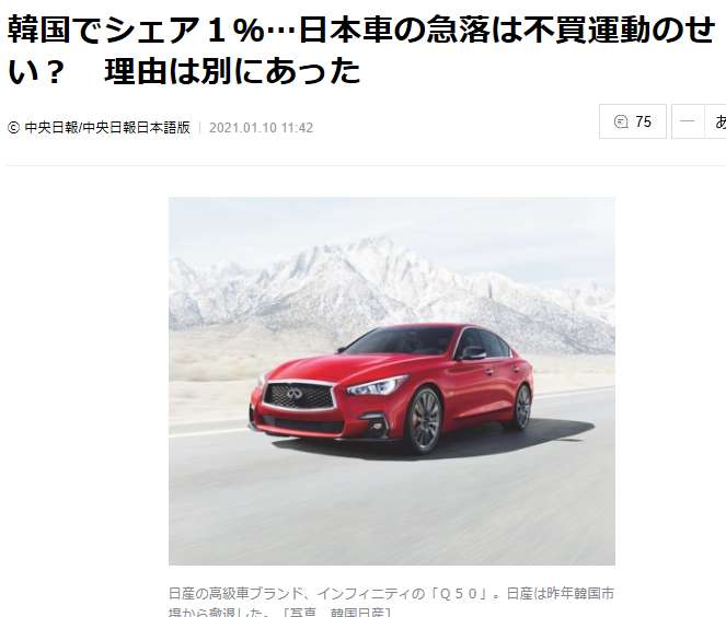 日本車の急落は魅力がないからと報じる中央日報（2021年１月10日付）