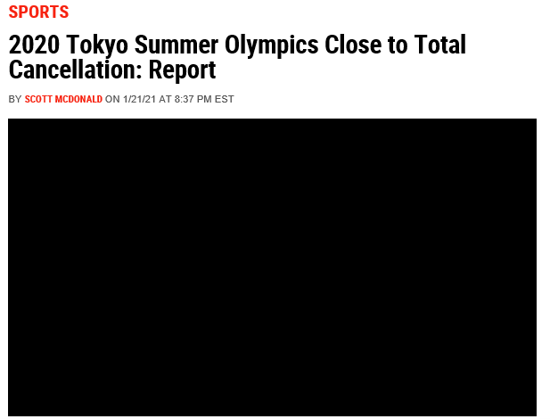 真っ黒の写真で東京五輪がなくなったことを報じた米ニューズウィーク誌（2021年1月21日付電子版）