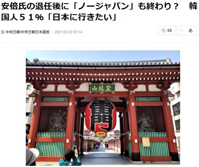 安倍氏の退任で「ノージャパン」が終了と報じる中央日報（3月22日付）