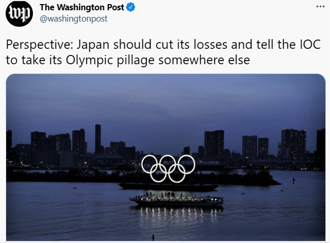 IOCの略奪される前に五輪中止を！と訴えたワシントン・ポスト電子版のツイッター（5月5日付）
