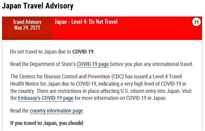 米国務省の「日本への渡航禁止」警告（公式サイトより）