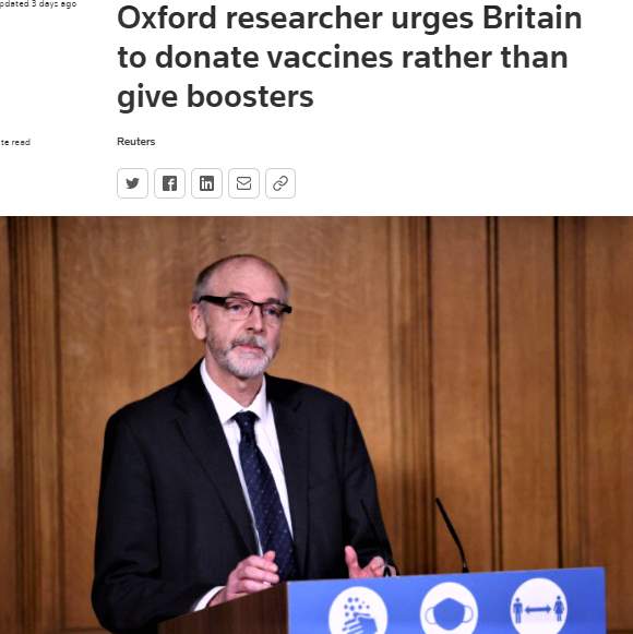 英国民の3回目接種は必要ないと強調したオックスフォード大学のポラード教授（ロイター通信電子版8月12日付）