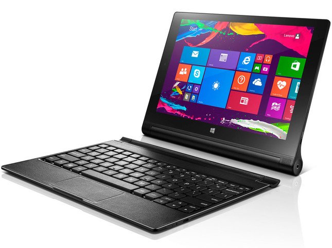 「YOGA Tablet 2」のWindows版10インチモデル。バッテリー部に磁石でくっつくキーボードが付属する