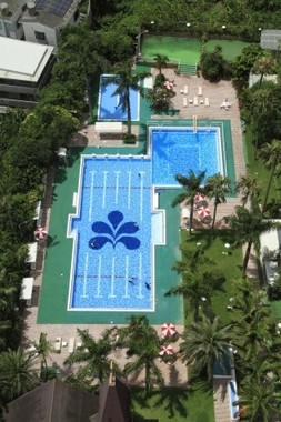 パラソル、デッキチェア、ヤシの木で南国気分