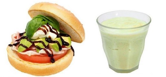 (左)生ハムアボカドサンド　（右）スーパーフードスムージー（アボカド＆パイン）