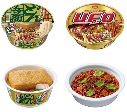 130％おあげ入りの「どん兵衛」(左)と、史上最高濃度130％ソース入りの「U．F．O．」