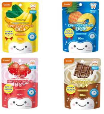 (左上から時計回りに) フレッシュバナナ、トロピカルパイン、ほんのりミルクチョコ、ほんのりイチゴミルク