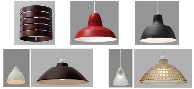 インテリアにあわせて、好みの「あかり」を選べる「LEDペンダントライト」シリーズ（写真は上段左から、「Runda」「Dibase」「Gammel」下段左から、「Gammel Plas S」「Gammel Plas M」「Lapin S」「Lapin M」）