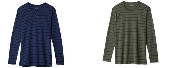 ヘンリーネックロングスリーブシャツ(左)、クルーネックロングスリーブシャツ(右)