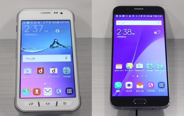 超タフなGalaxy Active neo（左）と最薄の6mmを実現したGalaxy A8（右）