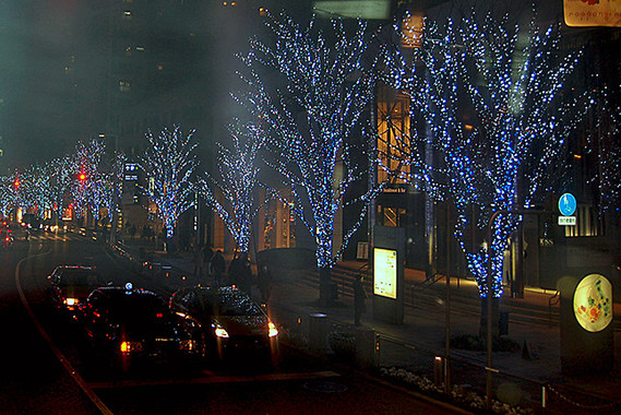 六本木けやき坂のイルミネーション。撮影後、光の色がブルーからレッドに変わった