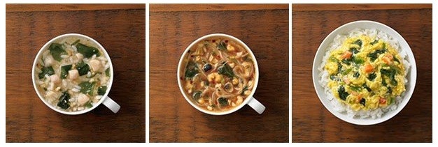 左から、「貝柱とわかめの雑炊」「はるさめ入りトムヤムクン」「ほうれん草入り蟹の卵とじ」