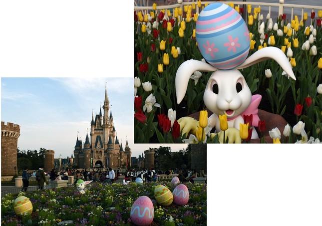 シンデレラ城前のプラザなどのイースターデコレーション