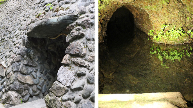 （写真左から）仕込み水の井戸に至る洞穴（ほらあな）、井戸の水は水が入っているとは思えないほど透明