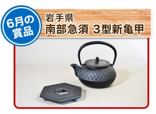 「住みます芸人 ご当地グルメ総選挙」の6月の賞品は、「南部急須 3型新亀甲」（岩手県）