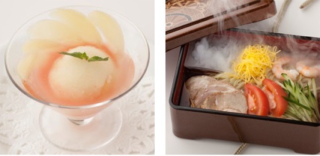 （写真左から）「桃太郎のピーチシャーベット　桃の果実入り」、「浦島太郎の冷やし中華玉手箱」