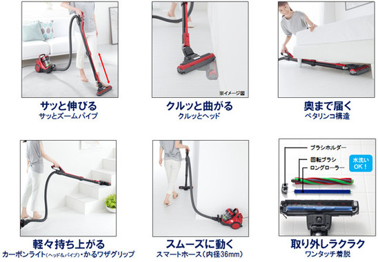 ヘッドとパイプは環境に応じて向きや形を変える。家具などの多い部屋の掃除に効力を発揮しそう