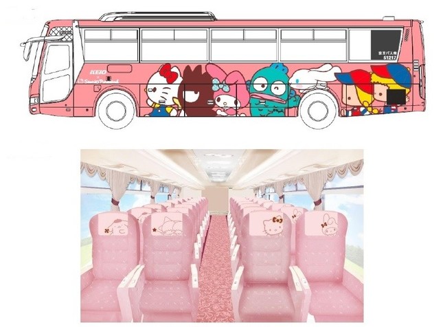 ボディーは「サンリオキャラクター」でラッピング、車内も「サンリオキャラクター」がいたるところに