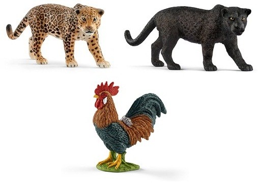 ワイルドライフシリーズの「ジャガー」〈左上〉「ブラック・パンサー」(右上)とファームワールドシリーズ の「おんどり」