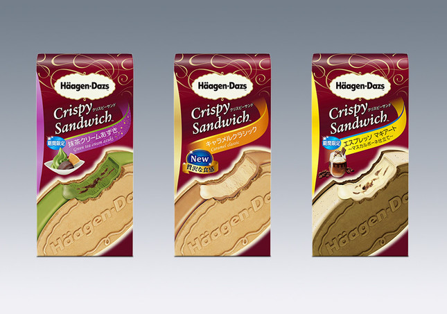 （写真左から）ハーゲンダッツのクリスピーサンド「抹茶クリームあずき」、「キャラメルクラシック」「エスプレッソ マキアート」