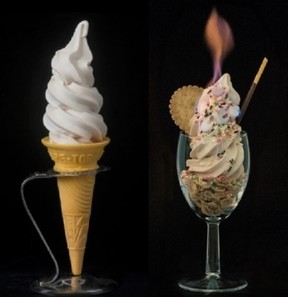 「溶けない！？ソフトクリーム」（写真左）と「バーニングソフトクリームパフェ」（写真右）