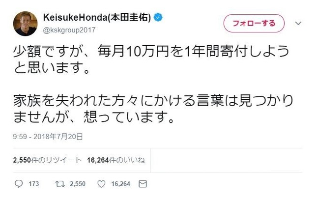 本田圭佑選手のツイッター