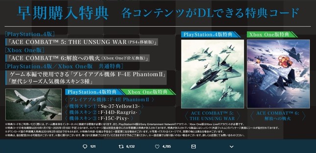 「エース コンバット7 スカイズ・アンノウン」の早期購入特典が豪華だと話題に　（画像は「エース コンバット」の公式ツイッターより）