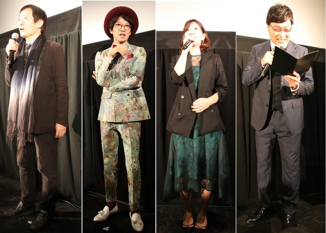 左から奥山和由監督、松村厚久社長、江角早由里プロデューサー、山里亮太さん