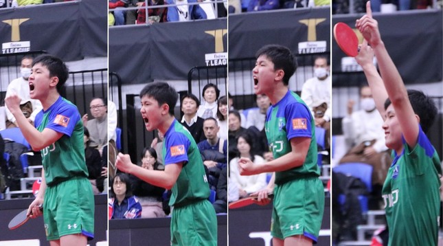 チームに2勝（第3マッチ、ビクトリーマッチ）をもたらした張本選手のガッツポーズ集