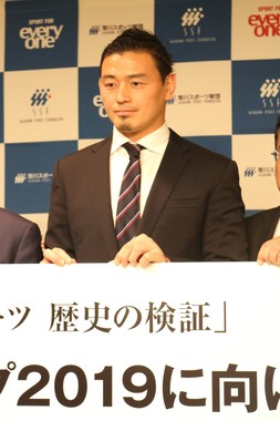 NHK「鶴瓶の家族に乾杯！」に出演した五郎丸選手（2019年2月26日撮影）