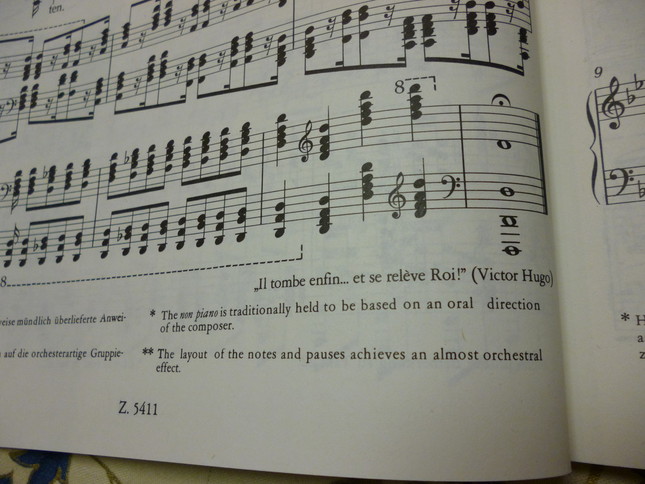ピアノ版の楽譜の最後には、ユゴーの叙事詩の一節が引用されている