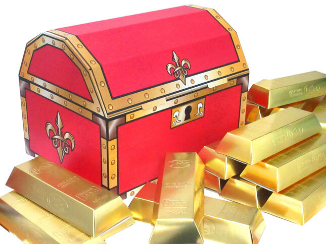 金インゴット形のティッシュペーパーを入れた「王様の宝箱」