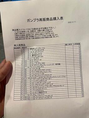 ヨドバシ梅田で配布されたガンプラ再販商品購入表（整備兵Cさんの提供）