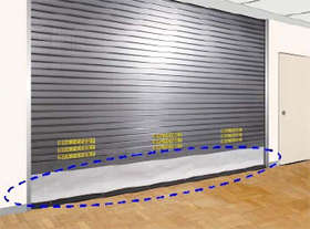 文化シヤッター、青色の点線で囲んだ部分がシャッター下部に連結された耐火クロススクリーン