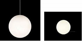 吹き抜けやリビングに最適なLLサイズのペンダント照明（写真は「SPHERE」。左はペンダント型、右がスタンド型）