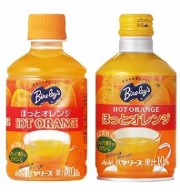『バヤリース　ほっとオレンジ』左からPET275ml、ボトル缶300g
