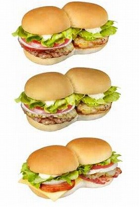 上から、「BK BITES＜Beef&Chicken＞（BK バイツ＜ビーフ＆チキン＞）」、
「BK BITES＜Beef& Chicken with Lemon & Basil Salt Sauce＞」（BK バイツ＜レモン&バジルソルトソース＞）、「BK BITES＜SPAM&BLT＞（BK バイツ＜スパム&ビーエルティー＞）」の3種