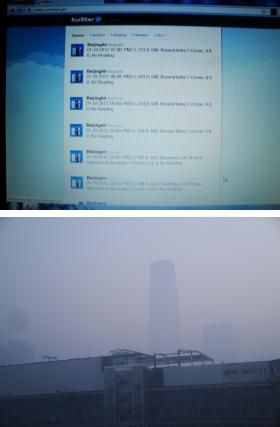 大気質指数が500の最高値を超えBeyond Indexとなった日（2012．1.10）のBeijing Air画面（上）とこの日の国貿三期ビル（下）。PM2.5の次の数値が濃度（ナノグラム/m3）、次が大気質指数。