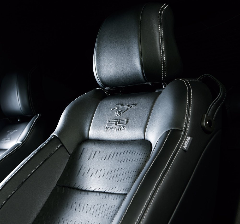 50周年記念モデル専用のエンボス加工が施された本革スポーツシート