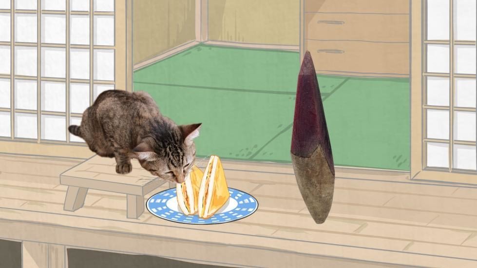 DLE得意のシュールな設定。右のかつお節が父親で猫は娘