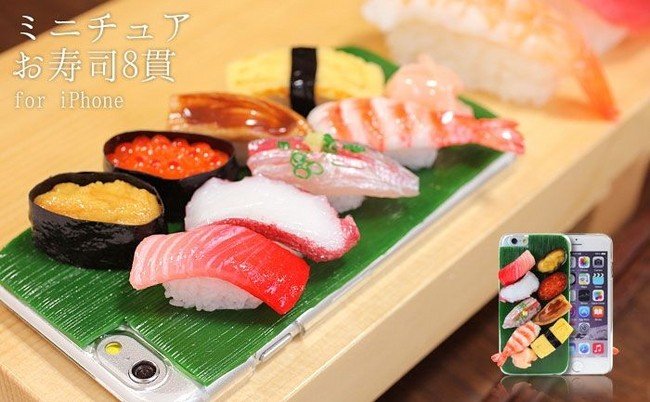 食品サンプルのiPhoneケース　彩り豊かに寿司ネタ8貫盛る