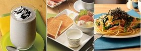 「フレッシュバナナオレ」のいやみのない味わいが進化する？ <br />左から「黒ごまバナナオレ」、「モーニングプレート　ヨーグルト」、「クリエのパスタ　桜えびと菜の花の和風仕立て」