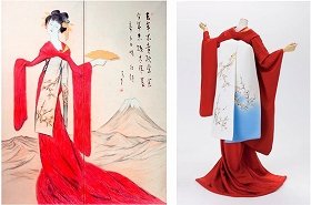 画像は、竹久夢二「立田姫」とそれをもとに制作された着物と帯