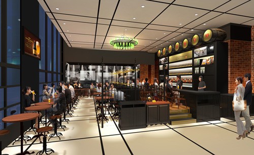 ビールの製造過程をイメージしたフォトウォールを施した店内