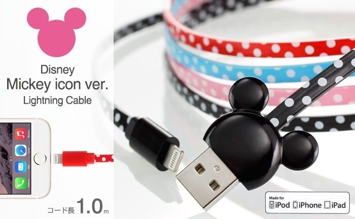 ミッキーマウスデザインのライトニングケーブルとmicroUSBケーブル