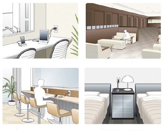 設置イメージ。（左上から時計回りで）キッチンカウンター、待合室・ロビー、カフェなどのカウンター席、ホテルなどのベッド周辺