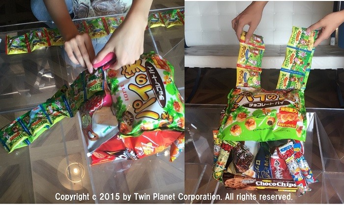 ショルダー部分は小分けのお菓子を繋ぎ合わせ…完成へ→最初の写真へ