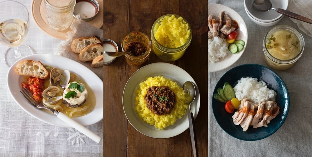 (左から)アクアパッツァ、キーマカレーとサフランライス、海南鶏飯と玉ねぎのタイ風スープ